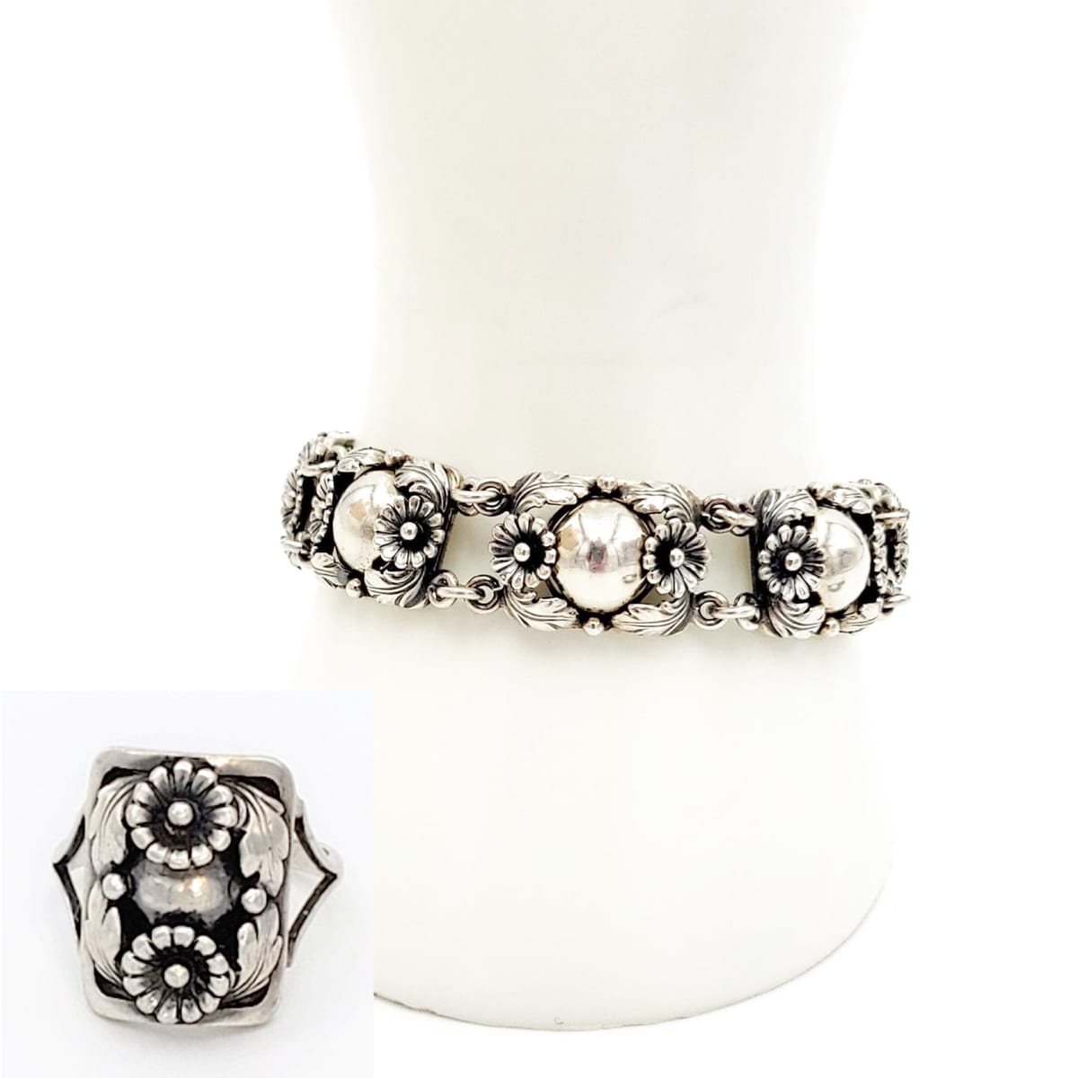 Niels Erik From Jewelry Designer Niels Erik From Denmark Sterling Silver Floral Bracelet Ring SET 1950s