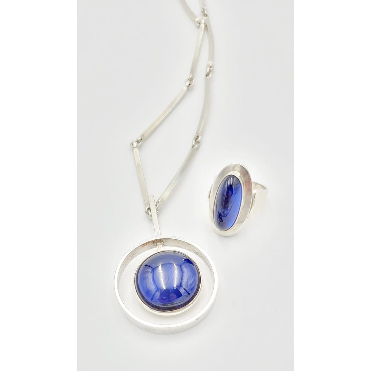 Niels Erik From Jewelry Superb Danish NE From Sterling Blue Cab Modernist Necklace Ring Set 60&