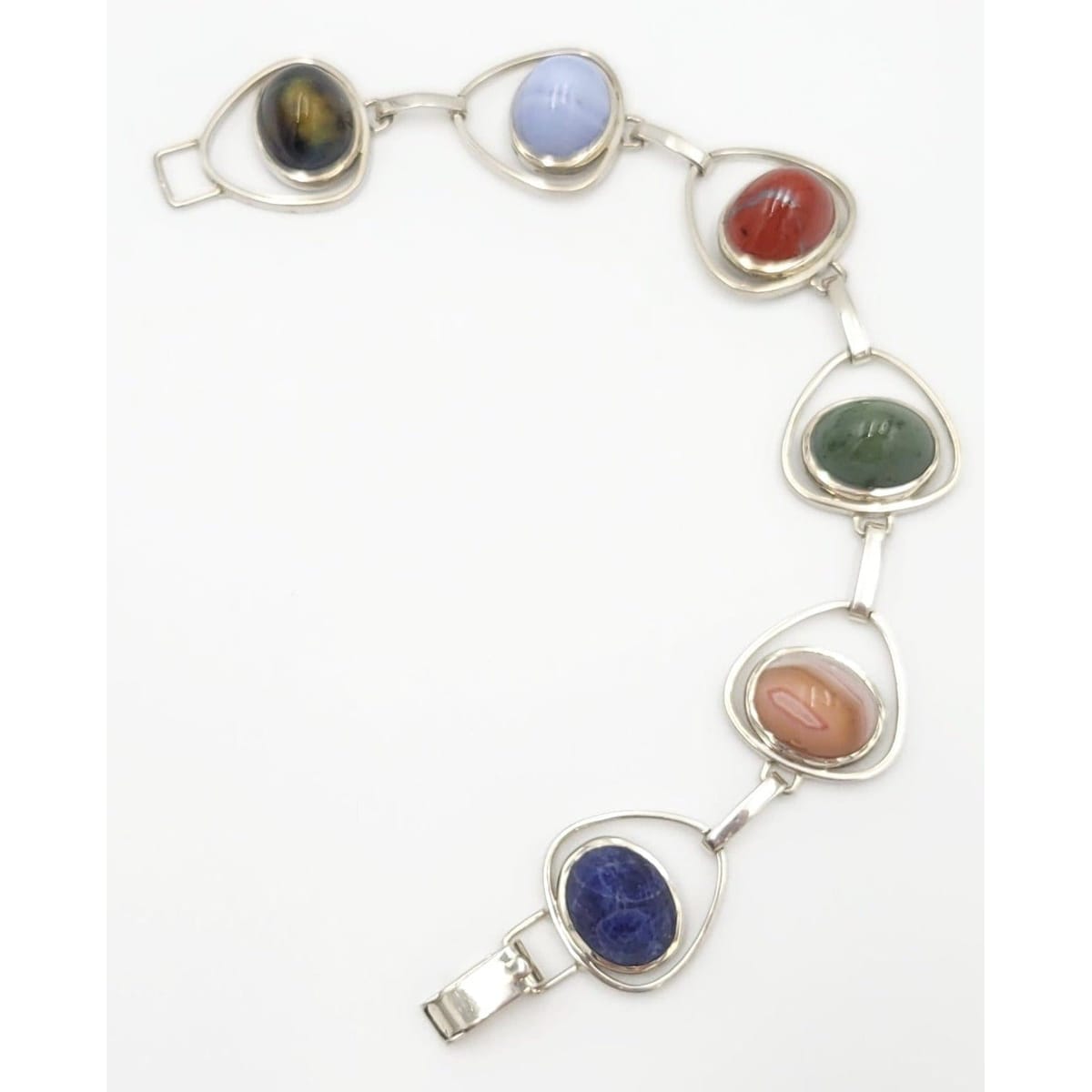 NWL Sterling Jewelry MCM Retro Atomic Sterling & Multi Stone 3-D Links Bracelet Circa 1950s Signed