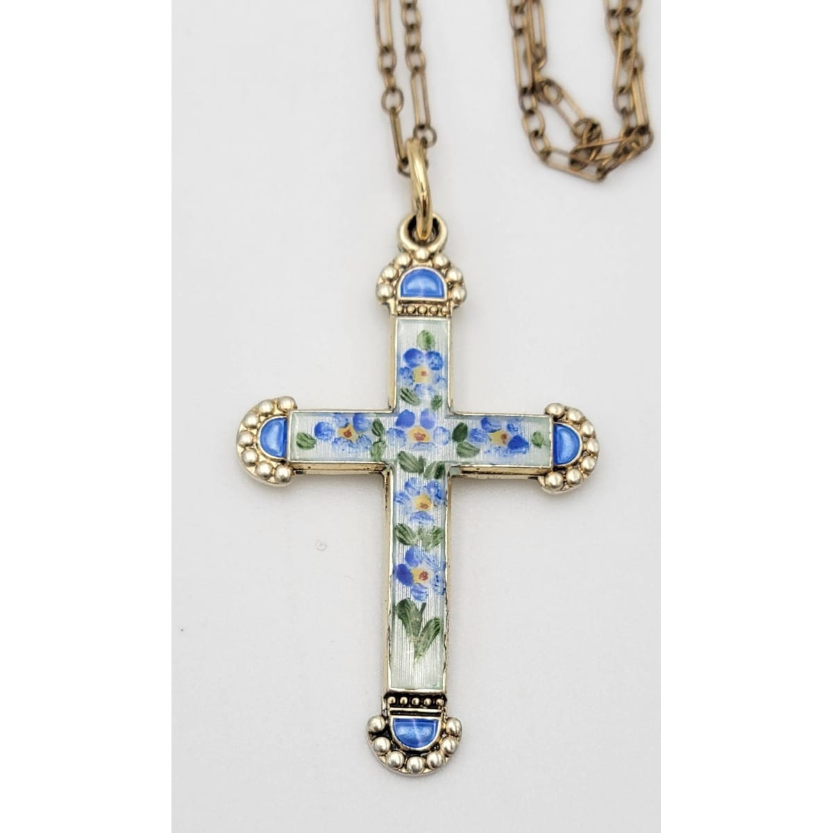 OPRO Jewelry OPRO Norway Sterling & Guilloche Enameled Floral Cross Necklace Circa 1940s