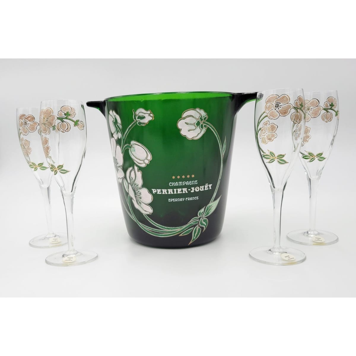 Perrier Jouet France Barware Perrier Jouet France Glass Hand-Painted Champagne Chiller Flute Set 1960s IOB