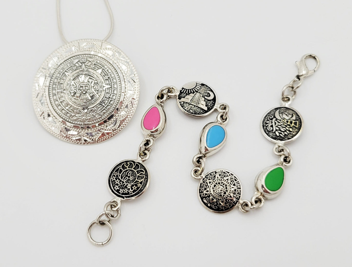 Stain Glass Bracelet Necklace Set Jewelry Vintage Taxco Multi-Stone Mayan Calendar Necklace and Bracelet Set