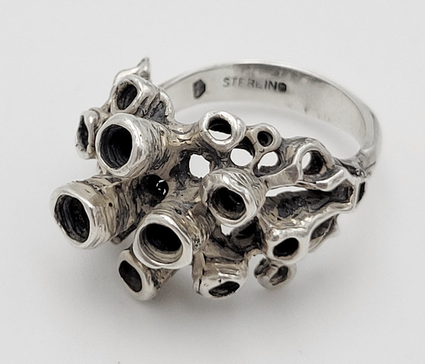 Sterling Jewelry Vintage Sterling Abstract Modernist 3-D Sea Coral Reef Design Cocktail Ring Signed