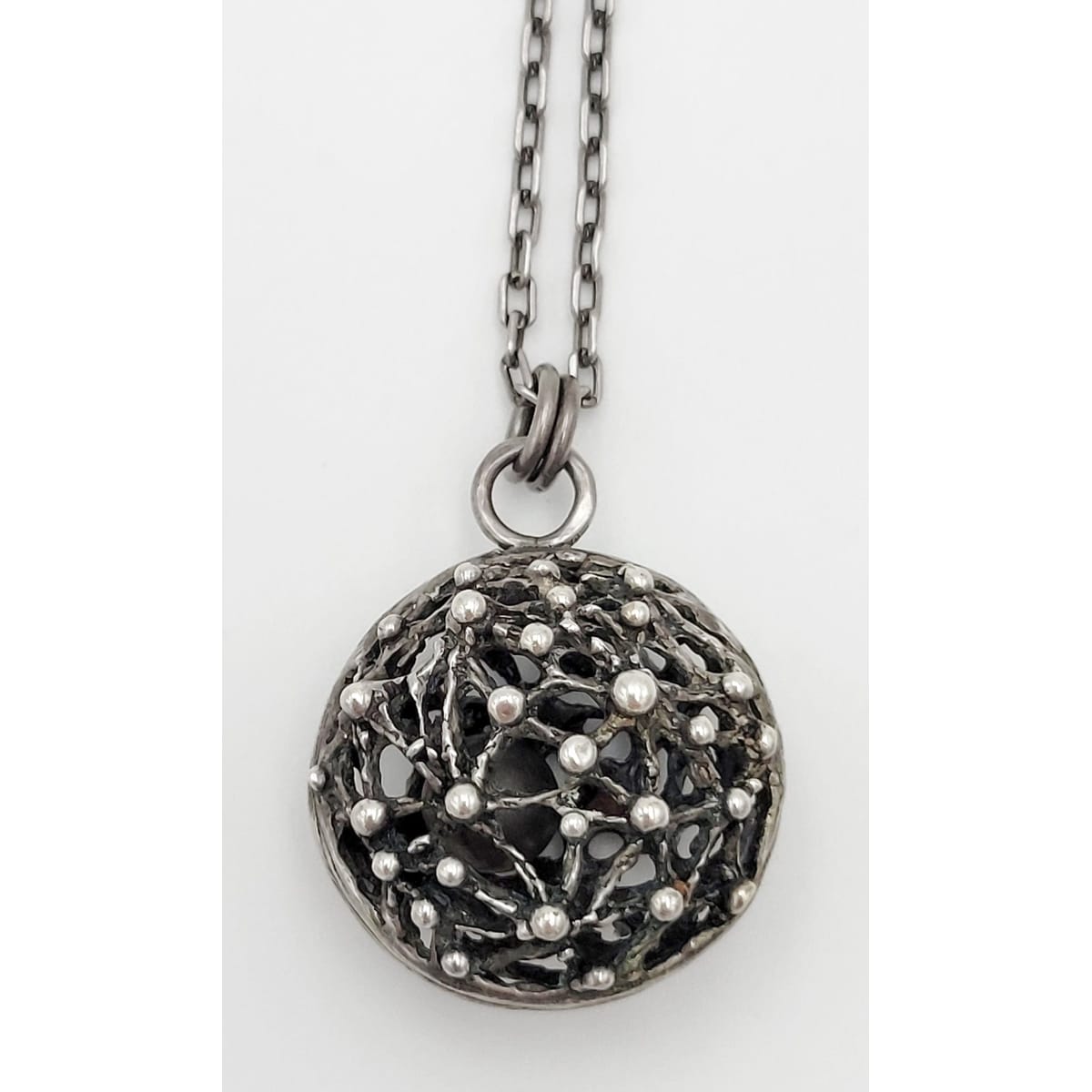 Heribert Engelbert Jewelry Swedish AB Heribert Engelbert Brutalist 3D Orb w/ Bell Sterling Necklace Circa 1969