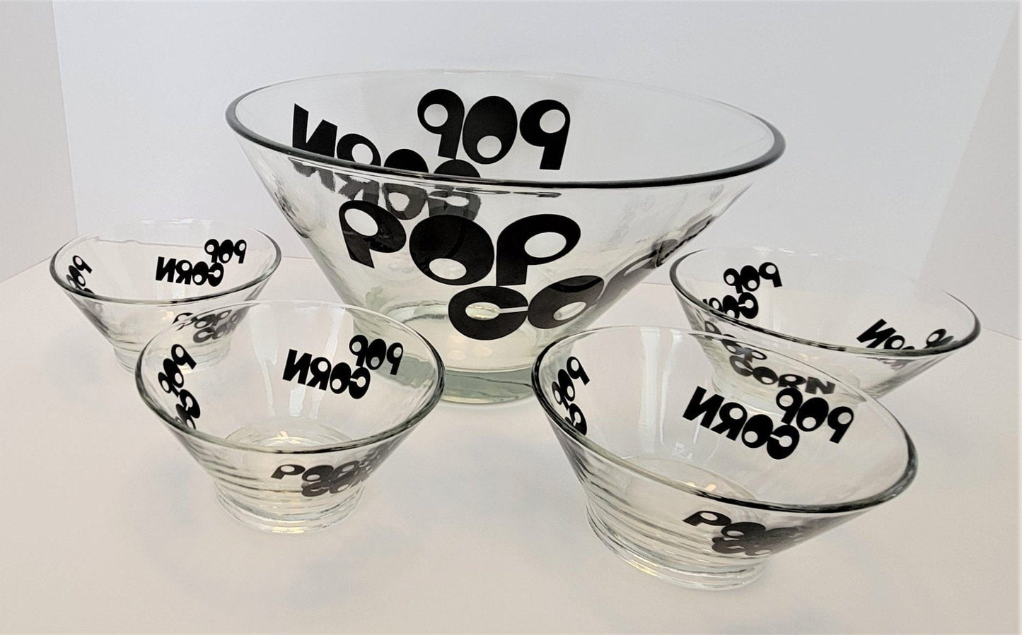 Wheaton Glass Serveware Awesome Retro Wheaton Glass Popcorn Bowl with 4 small matching bowls Circa 1970's