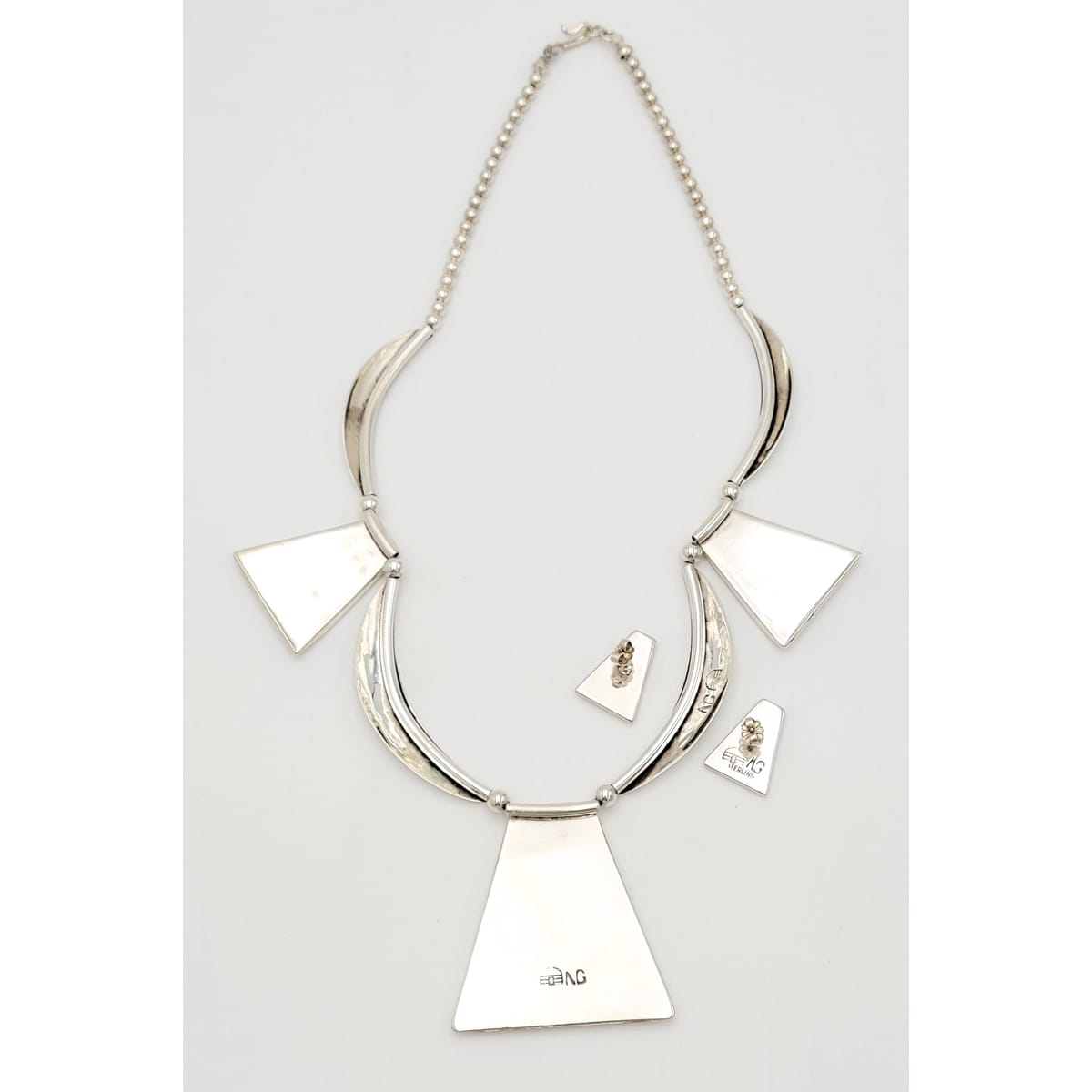 White Hogan Jewelry Superb RARE White Hogan Sterling Wood Modernist Necklace Earrings Set 70s