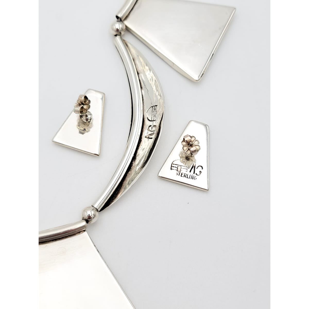 White Hogan Jewelry Superb RARE White Hogan Sterling Wood Modernist Necklace Earrings Set 70s