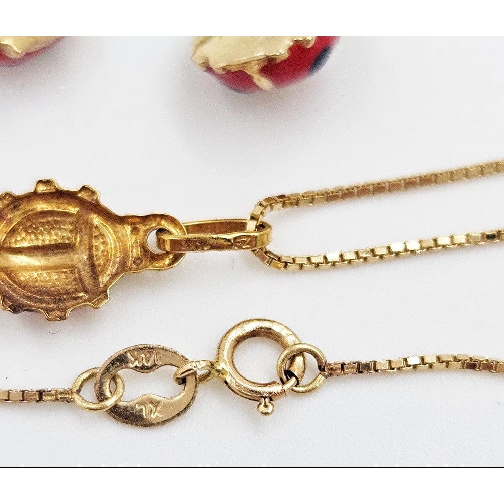 14k Gold Jewelry Designer 14KT &amp; Guilloche Enamel Ladybug Necklace &amp; Earrings Demi Parure Set