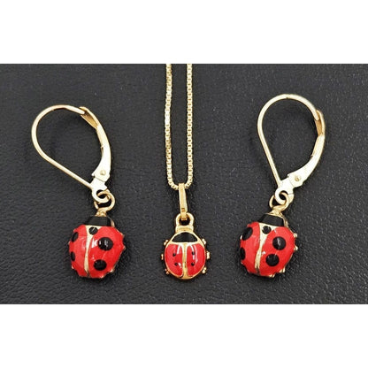 14k Gold Jewelry Designer 14KT &amp; Guilloche Enamel Ladybug Necklace &amp; Earrings Demi Parure Set