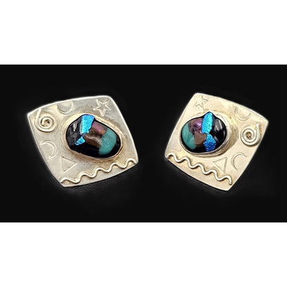 Designer Barbara Sucherman Sterling Silver + Glass Modernist Earrings 1980&