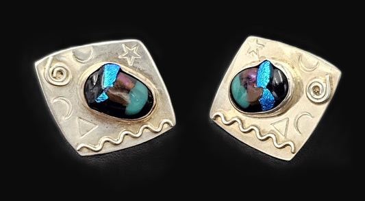 Designer Barbara Sucherman Sterling Silver + Glass Modernist Earrings 1980's