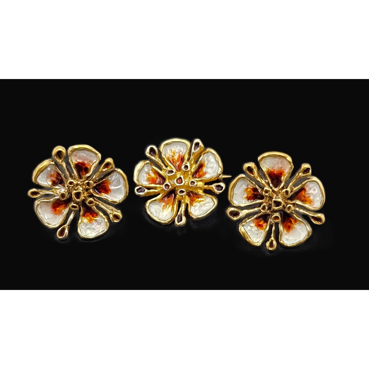David Andersen Sterling Enamel 3D Flower Pin Earrings Demi Parure Set 1960s, multicolor, floral, gold - image 1 of 9