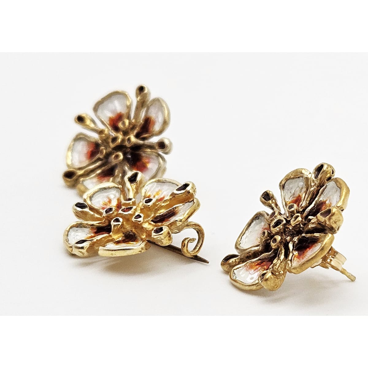 David Andersen Sterling Enamel 3D Flower Pin Earrings Demi Parure Set 1960s, multicolor, floral, gold - image 5 of 9