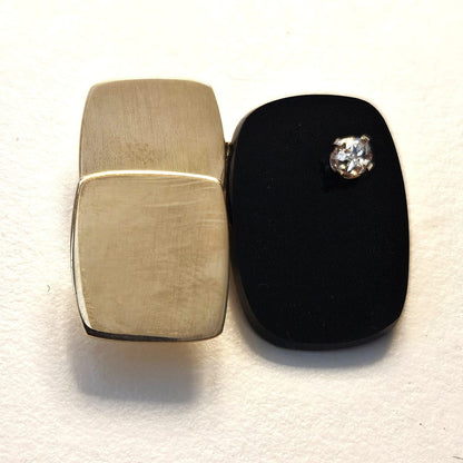 Vintage Artisan 3D modernist 14K gold Diamond and Black Onyx Brooch Pendant, view 5 of 10