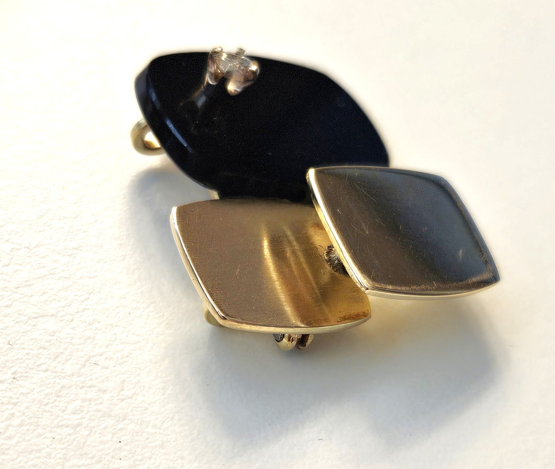 Vintage Artisan 3D modernist 14K gold Diamond and Black Onyx Brooch Pendant, view 3 of 6
