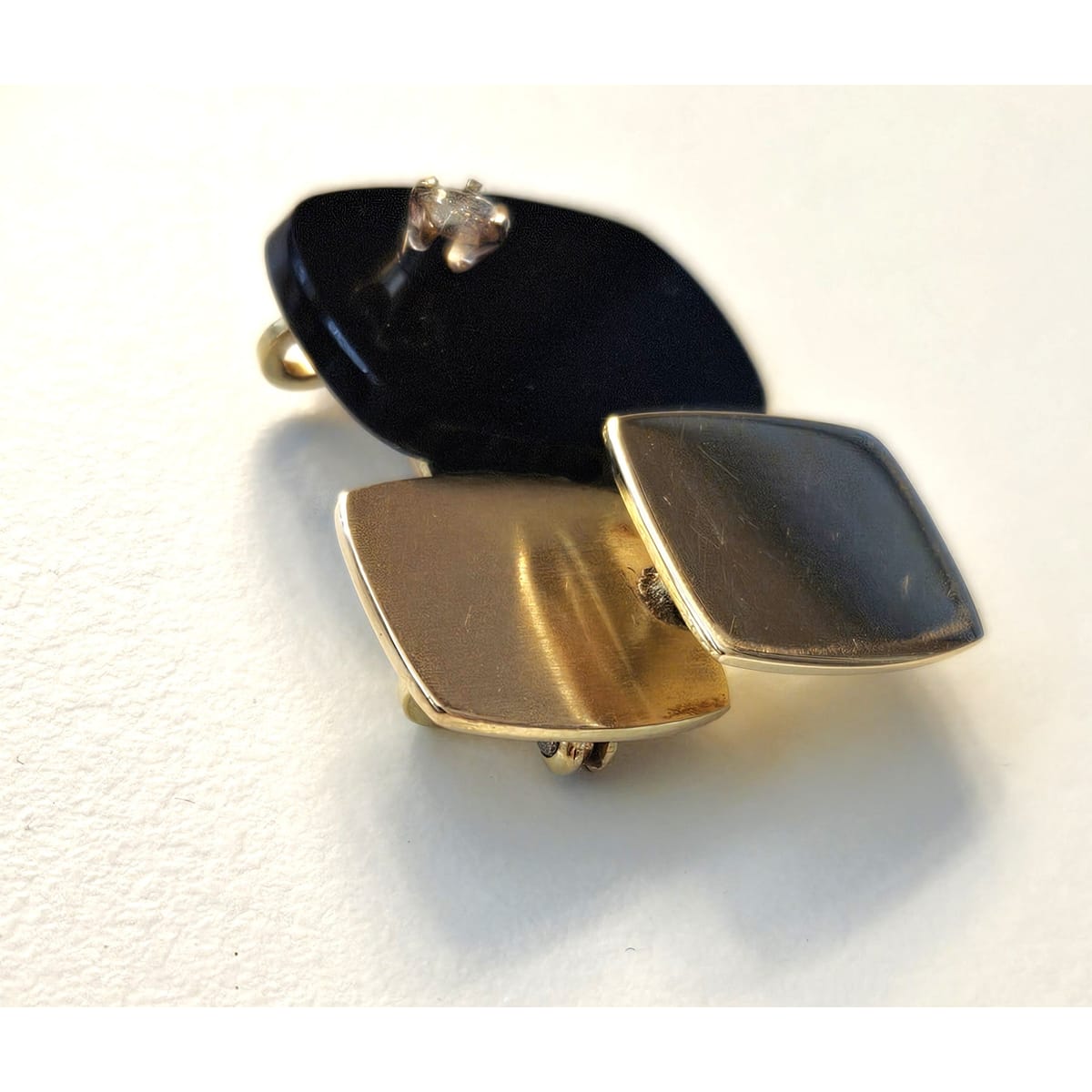 Vintage Artisan 3D modernist 14K gold Diamond and Black Onyx Brooch Pendant, view 6 of 10