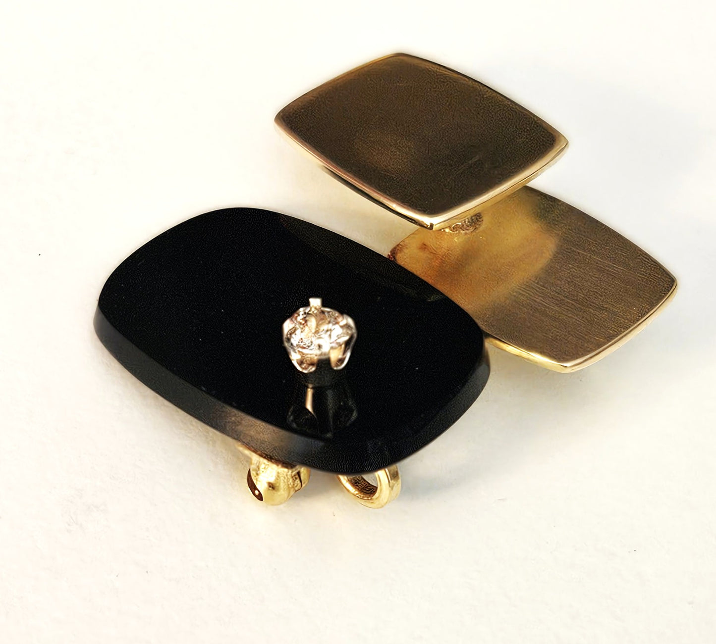 Vintage Artisan 3D modernist 14K gold Diamond and Black Onyx Brooch Pendant, view 4 of 6