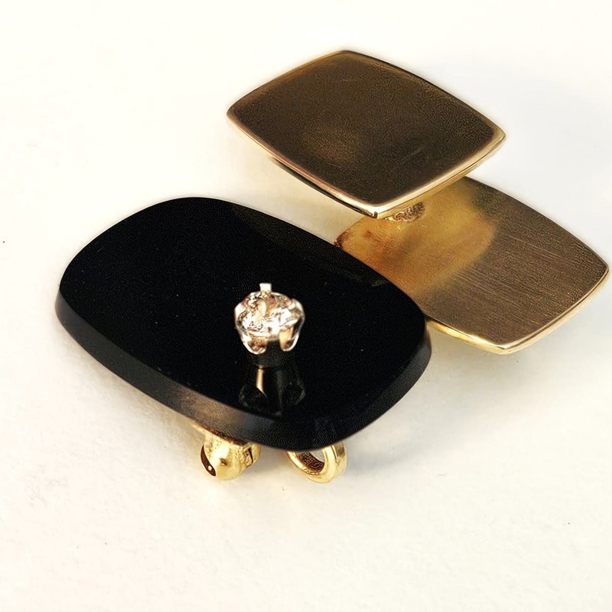 Vintage Artisan 3D modernist 14K gold Diamond and Black Onyx Brooch Pendant, view 7 of 10