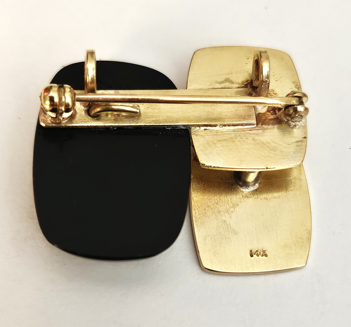 Vintage Artisan 3D modernist 14K gold Diamond and Black Onyx Brooch Pendant, view 6 of 6