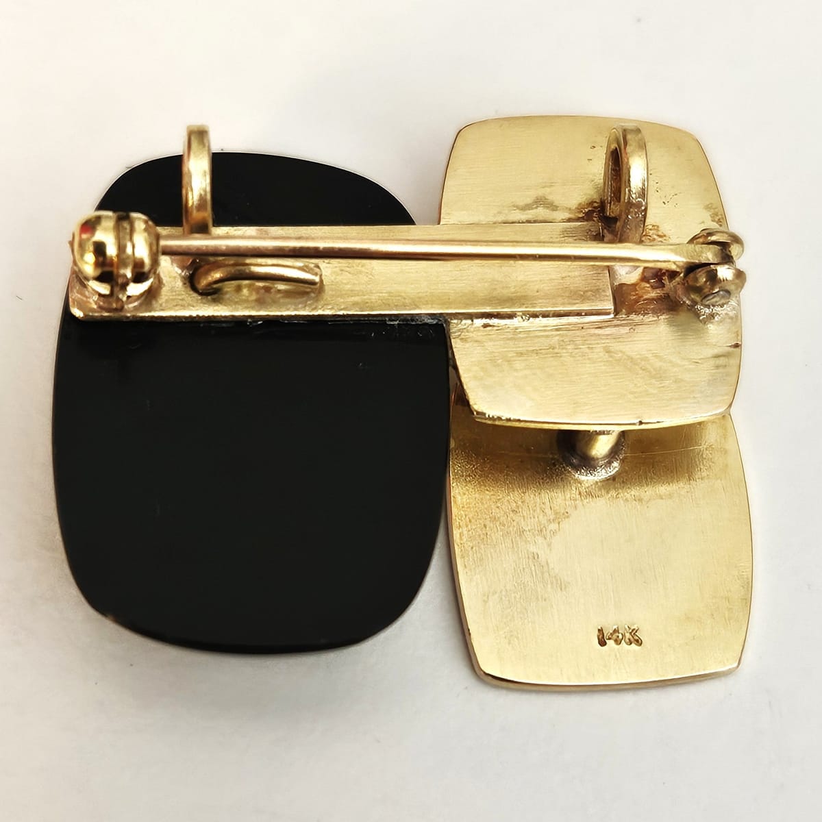 Vintage Artisan 3D modernist 14K gold Diamond and Black Onyx Brooch Pendant, view 9 of 10
