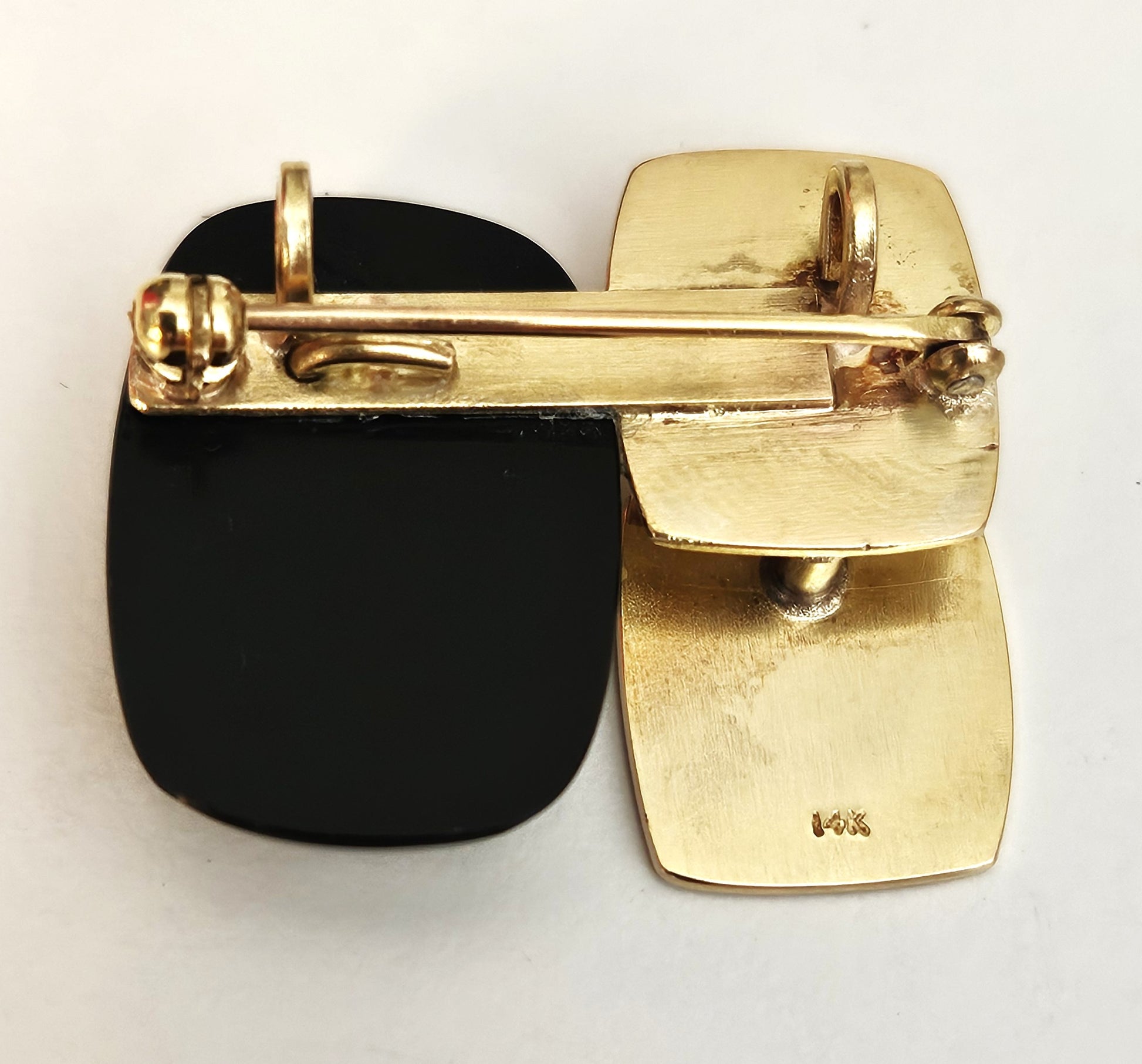 Vintage Artisan 3D modernist 14K gold Diamond and Black Onyx Brooch Pendant, view 6 of 6