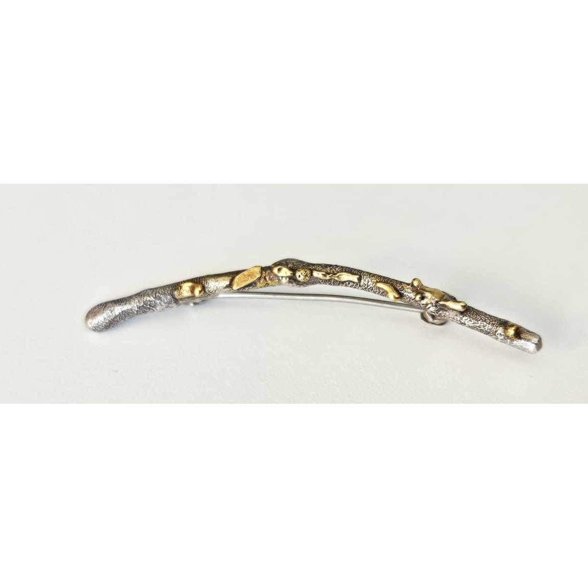 MCM Sterling Artisan Brooch Jewelry Artisan Signed Sterling w/ 24k Gold Accents Modernist Twig Branch Leaves Brooch