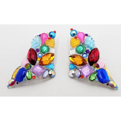 Bill Schiffer Large abstract Lucite and Rhinestones Earrings Signed 1989, view 1 of 9