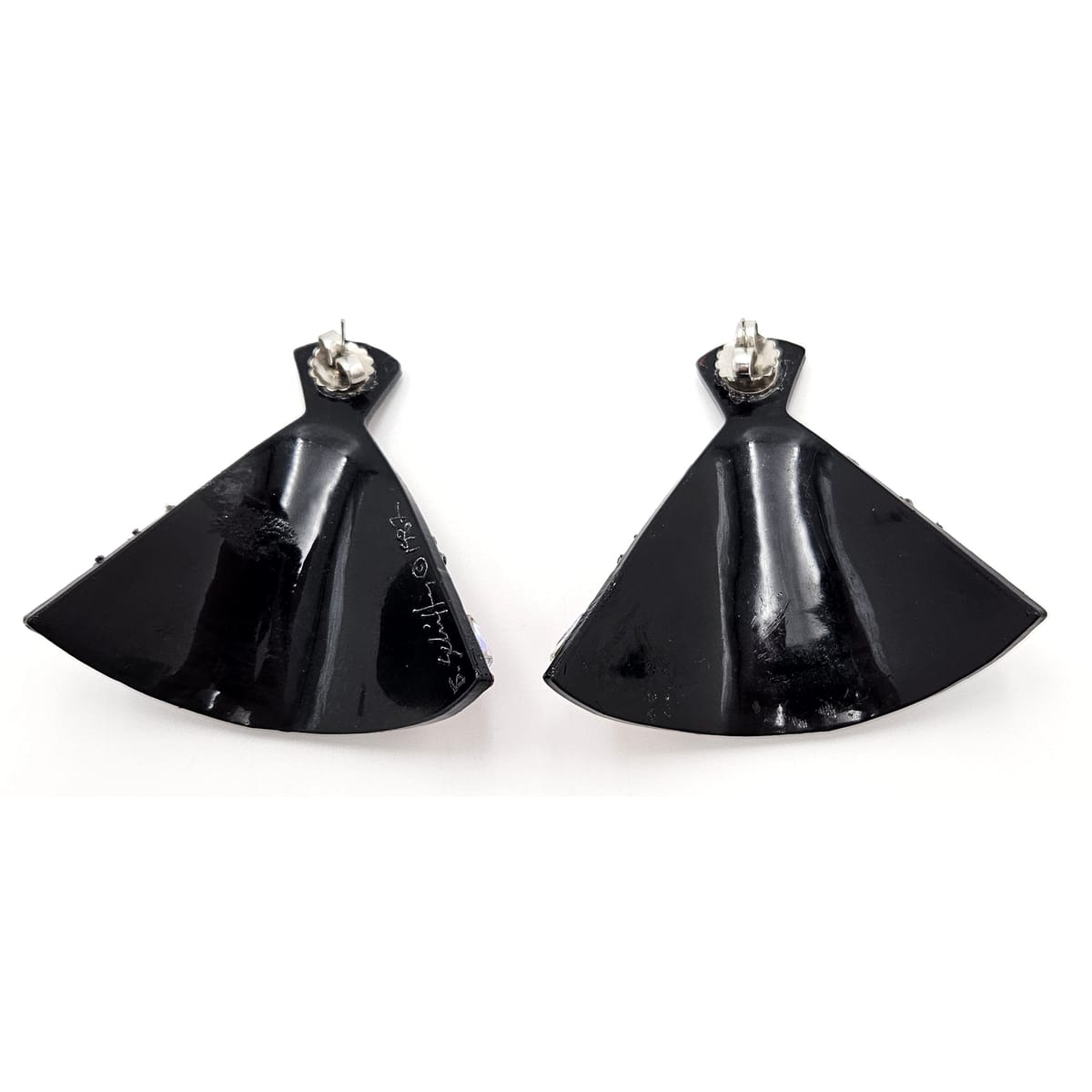 Bill Schiffer Large abstract Skyline Lucite Rhinestones Earrings Signed 1987, view 8 of 10