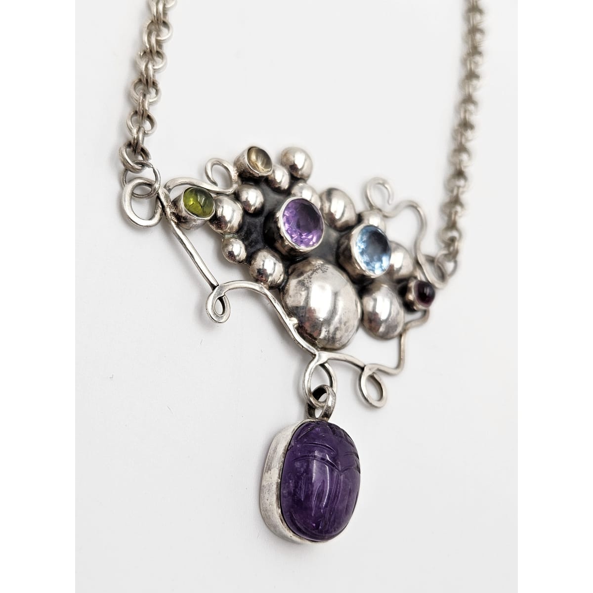Artisan sterling silver Topaz Peridot Garnet Amethyst Scarab Beetle Necklace, view 1 of 8