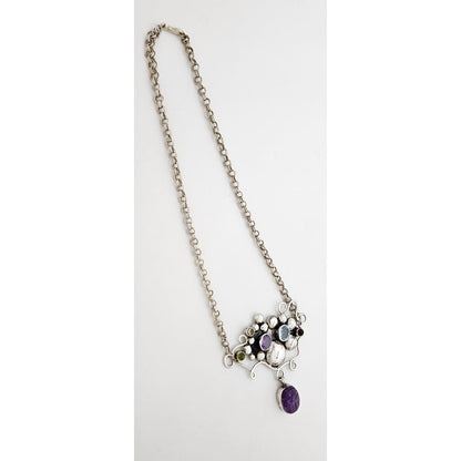 Artisan sterling silver Topaz Peridot Garnet Amethyst Scarab Beetle Necklace, view 6 of 8