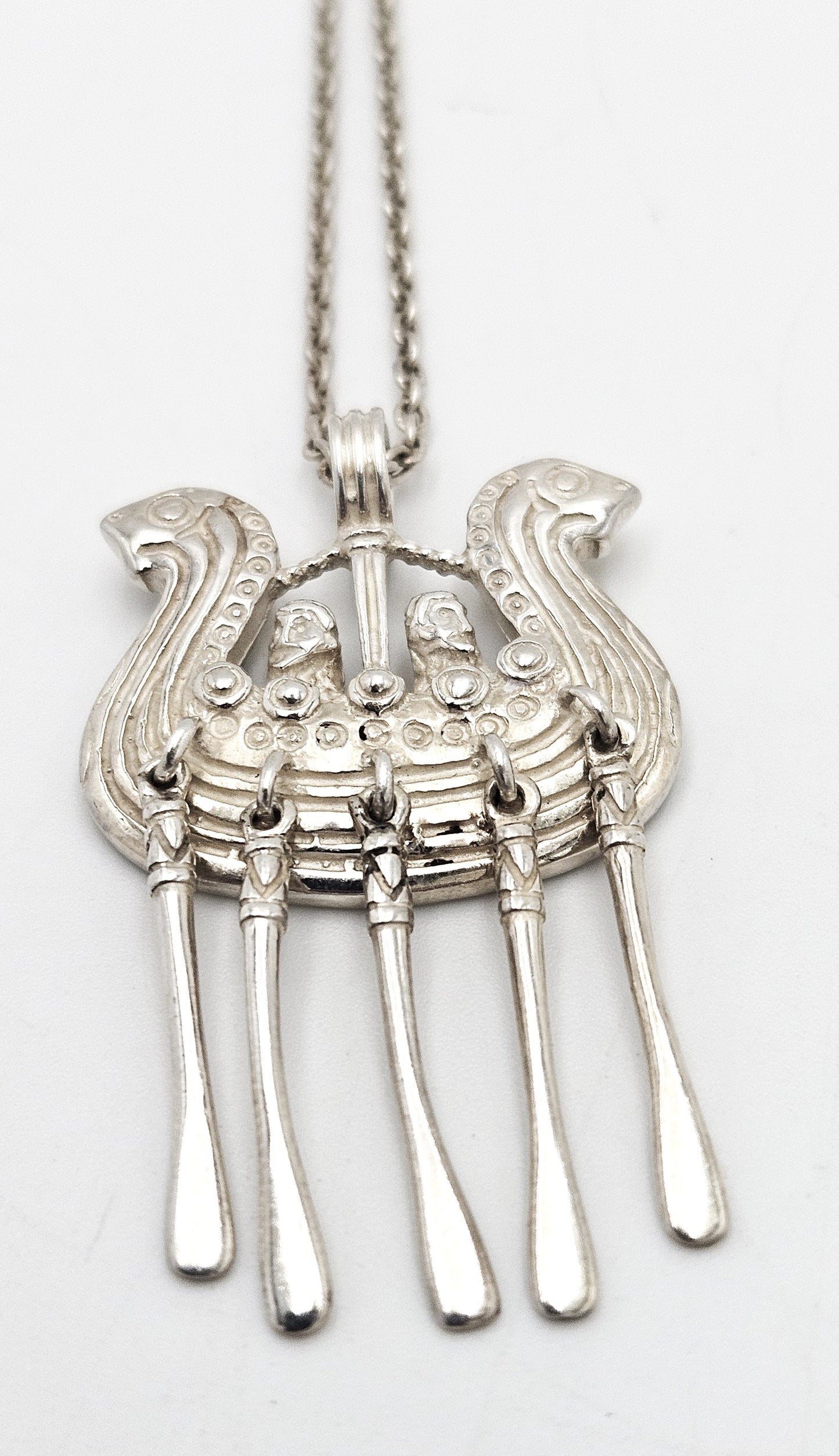 Kalevala Koru Finland Sterling XL 3D Articulating Viking Ship Necklace 1960's