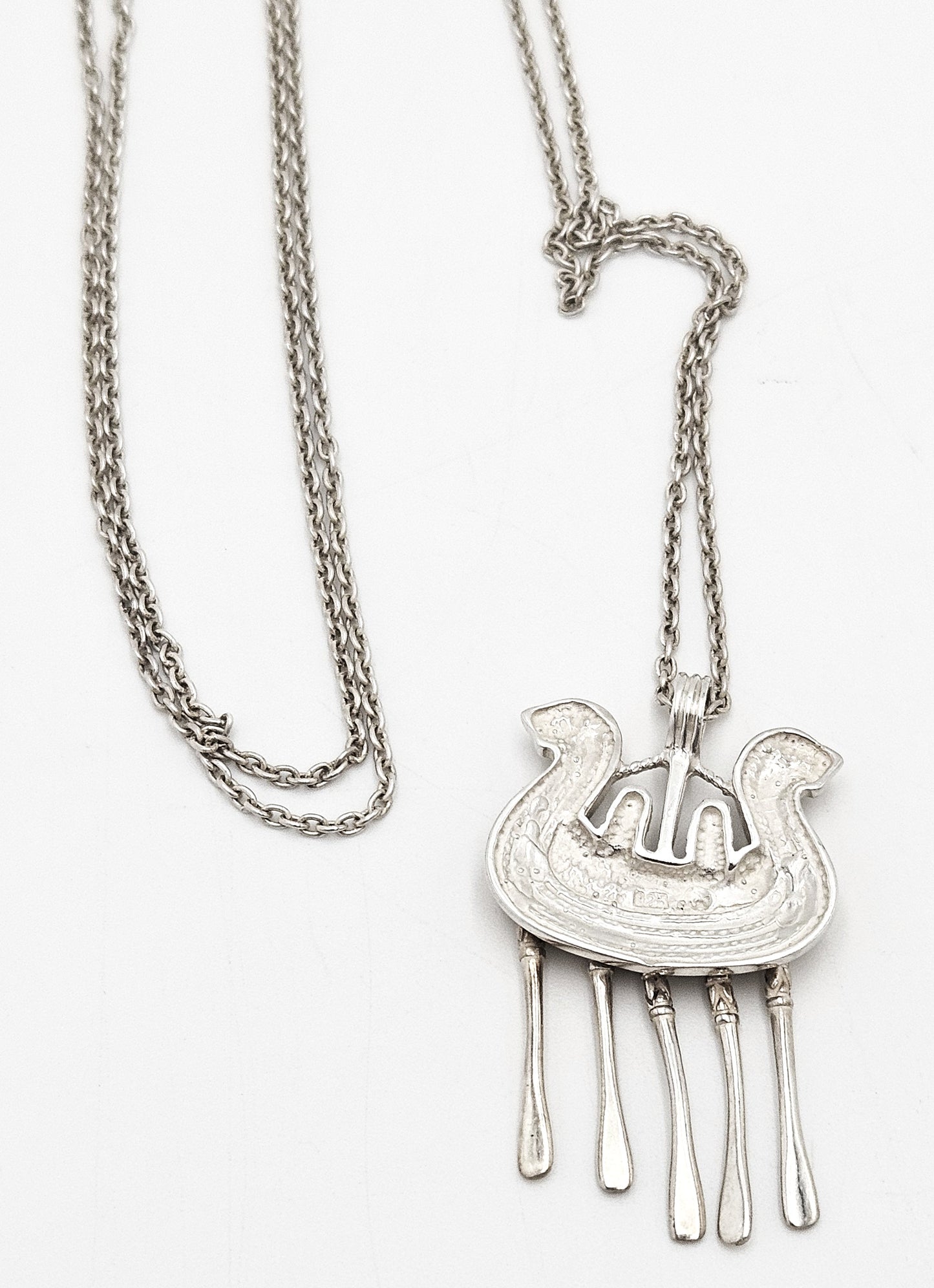 Kalevala Koru Finland Sterling XL 3D Articulating Viking Ship Necklace 1960's