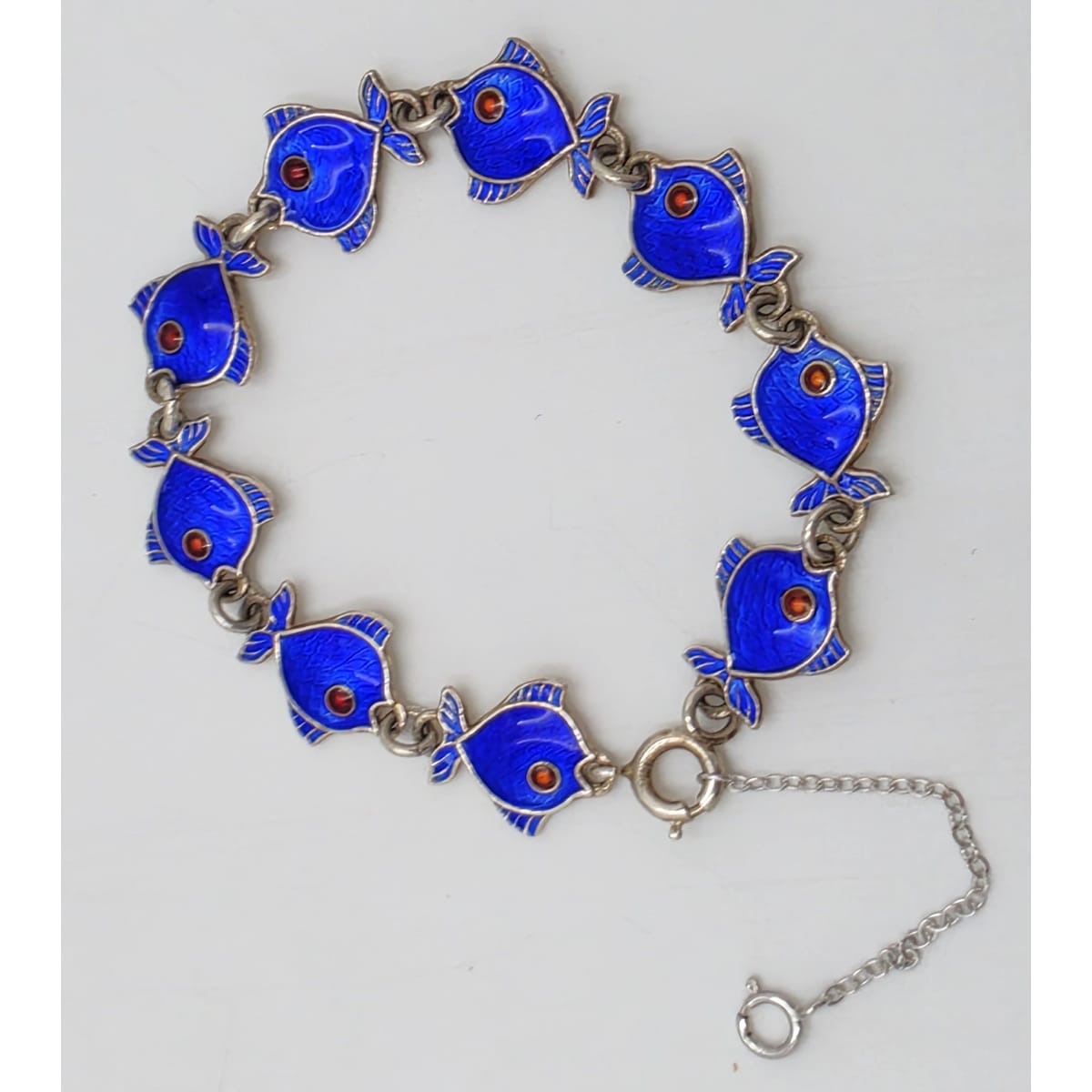 Danish Volmer Bahner Sterling &amp; Royal Blue Enamel Fish Link Bracelet Circa 1950s