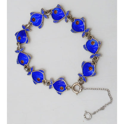 Danish Volmer Bahner Sterling &amp; Royal Blue Enamel Fish Link Bracelet Circa 1950s