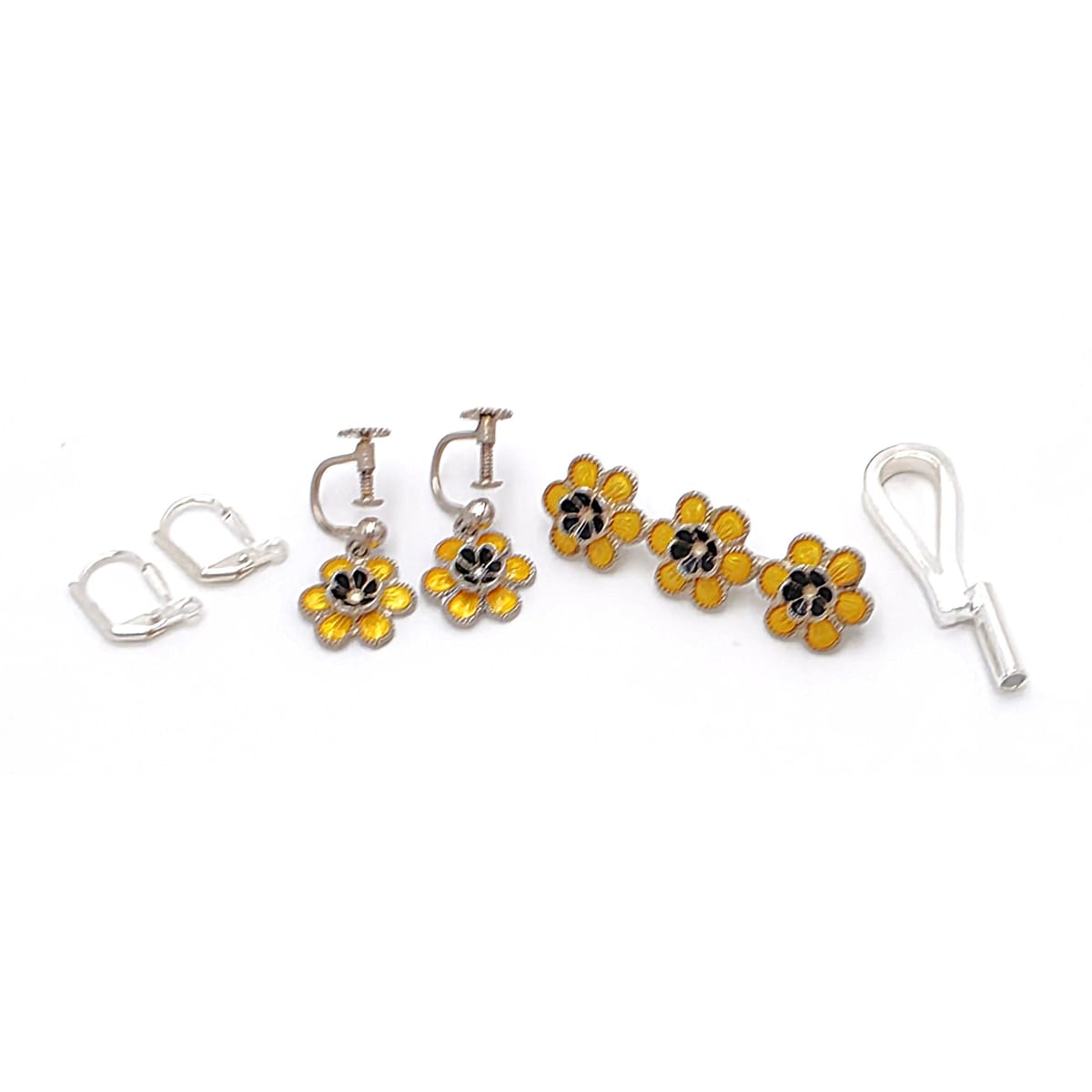 Meka Denmark Sterling Enamel BlackEyed Susan Flower Earrings Brooch Set 1950s