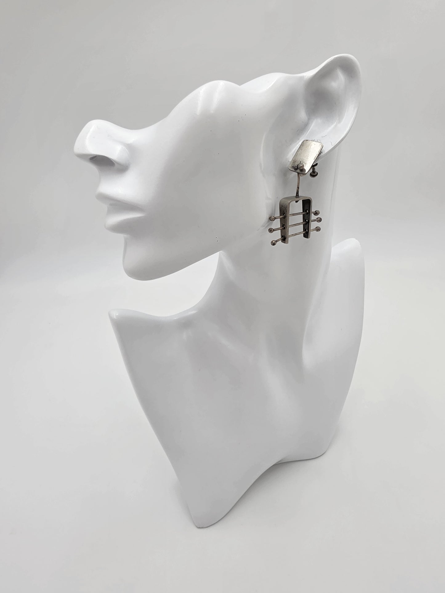 Ed Wiener Attributed Sterling Abstract Kinetic 3D Drop Dangle Earrings 1950s
