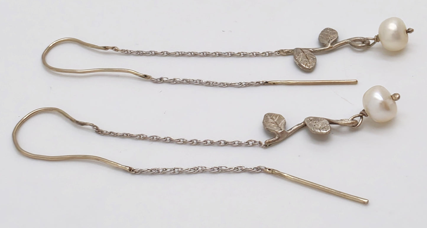 Tess New York Designer Sterling Silver 14k Gold & Pearl Threader Dangle Earrings