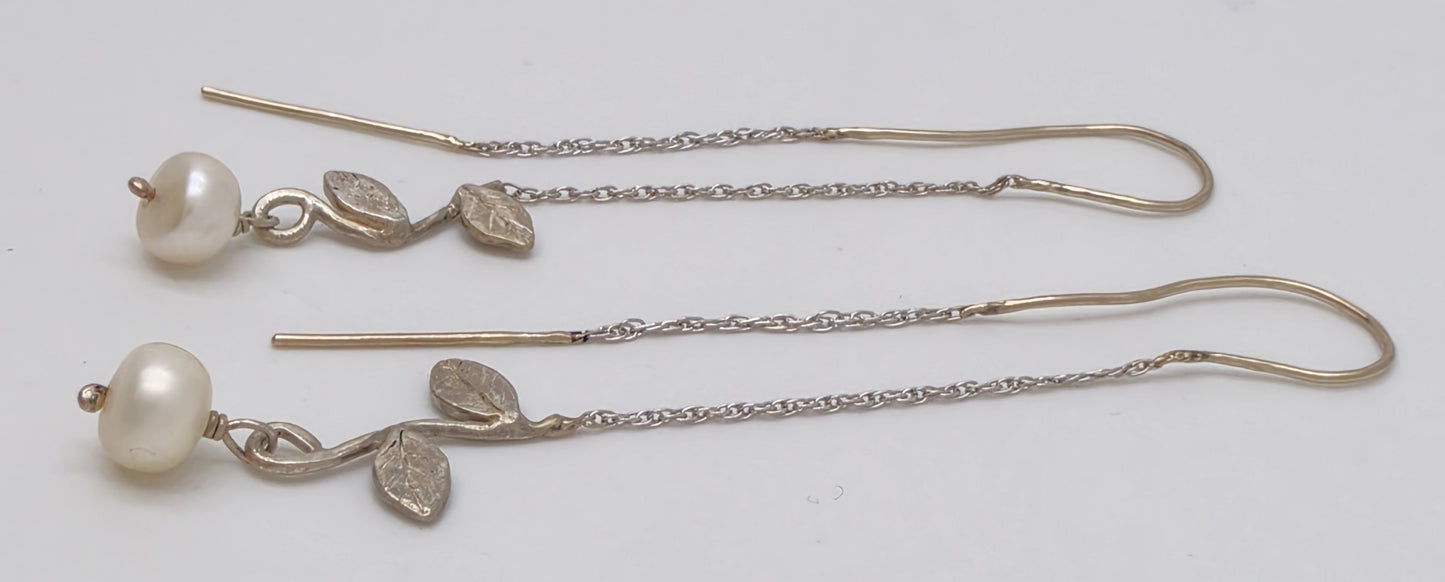Tess New York Designer Sterling Silver 14k Gold & Pearl Threader Dangle Earrings