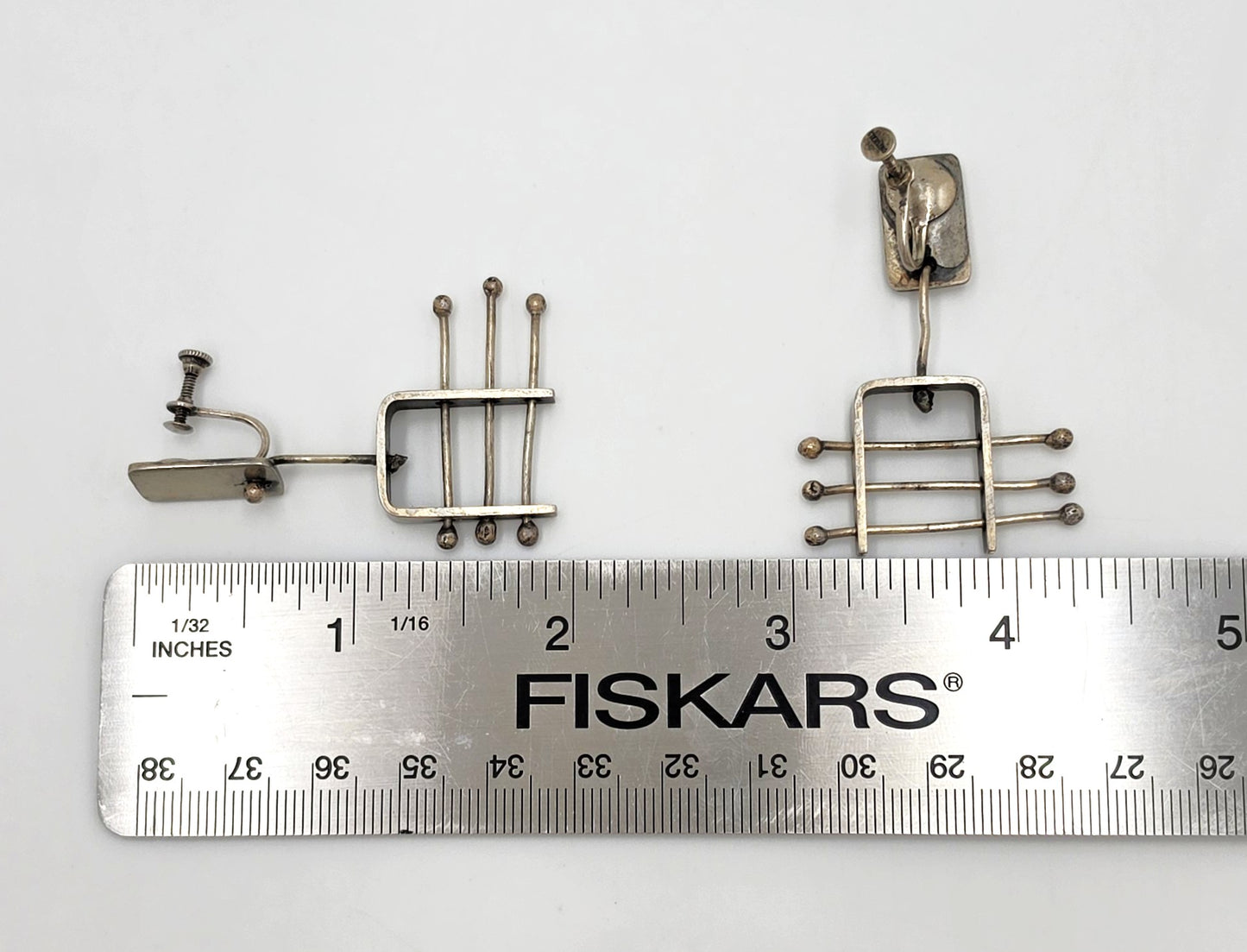 Ed Wiener Attributed Sterling Abstract Kinetic 3D Drop Dangle Earrings 1950s