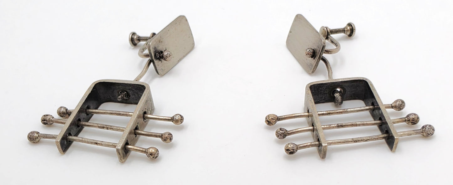 Ed Wiener Attributed Sterling Abstract Kinetic 3D Drop Dangle Earrings 1950s