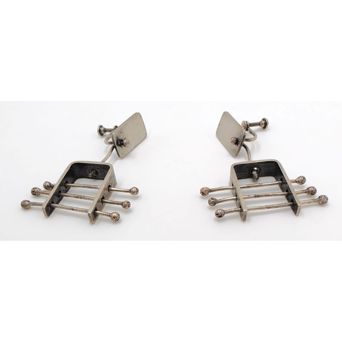 Ed Wiener Attributed Sterling Abstract Kinetic 3D Drop Dangle Earrings 1950s, alternate product view 7