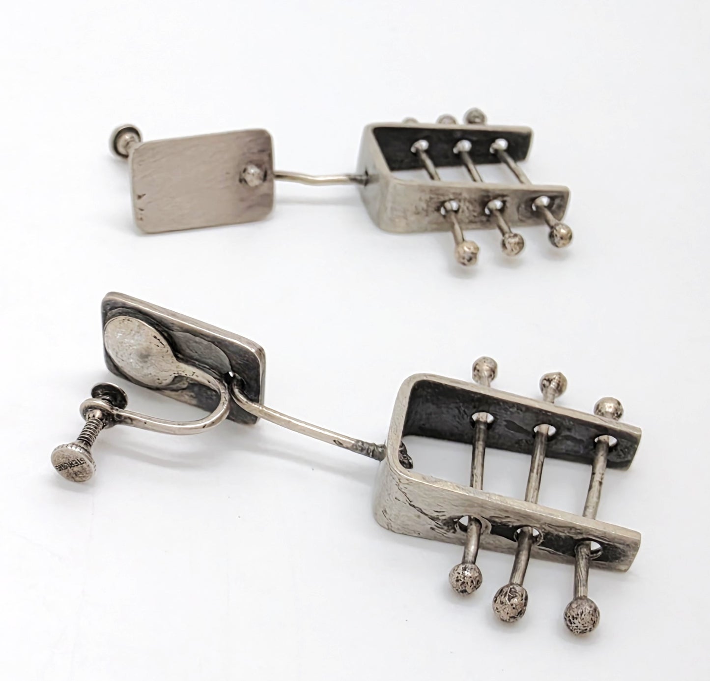 Ed Wiener Attributed Sterling Abstract Kinetic 3D Drop Dangle Earrings 1950s