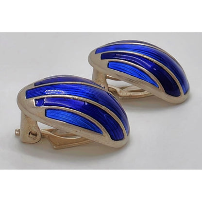 David Andersen Norway Sterling &amp; Blue Guilloche Enamel Modernist Earrings 1950s, alternate product view 3