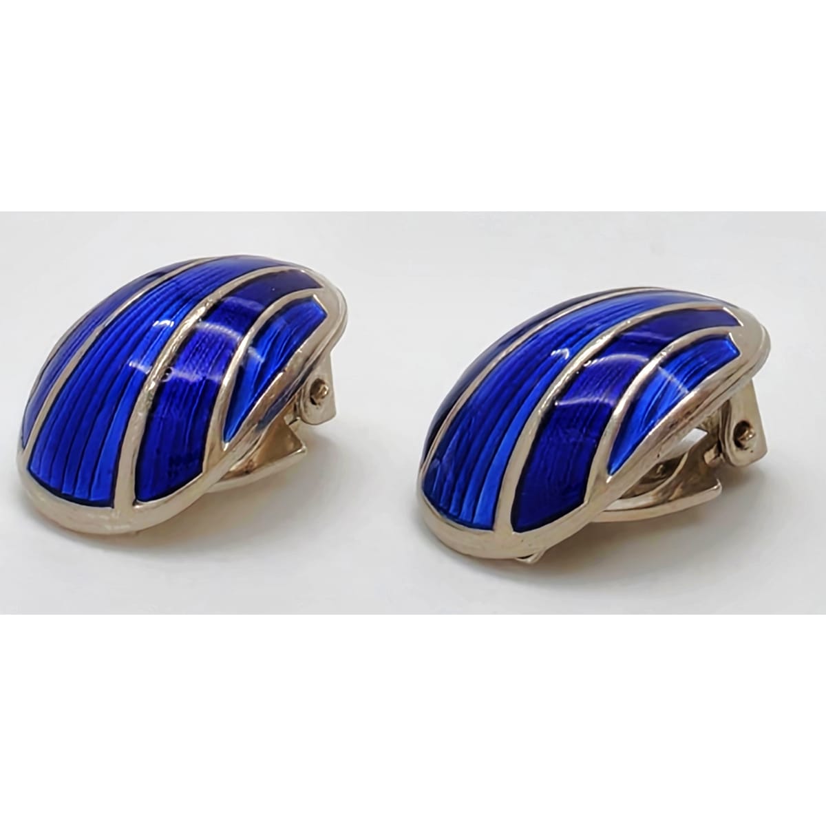 David Andersen Norway Sterling &amp; Blue Guilloche Enamel Modernist Earrings 1950s