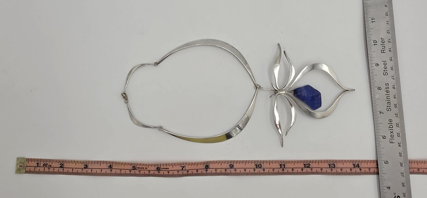 Vintage Artisan Sterling Silver Lapis Lazuli Sculptural Modernist Collar Necklace