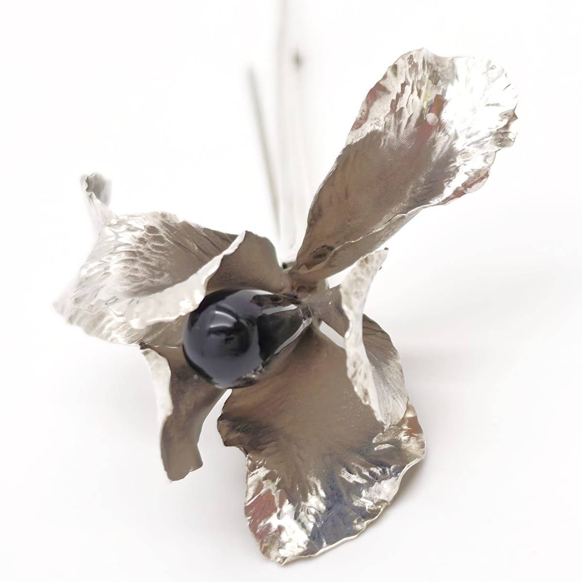 Superb Vintage Angela Conty Sterling Silver &amp; Onyx XL 3D Orchid Flower Brooch, alternate product view 5