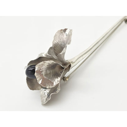 Superb Vintage Angela Conty Sterling Silver &amp; Onyx XL 3D Orchid Flower Brooch, alternate product view 6