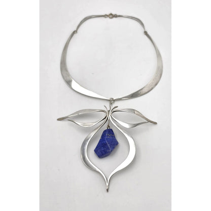 VTG Artisan Sterling Silver Lapis Lazuli Sculptural Modernist Collar Necklace