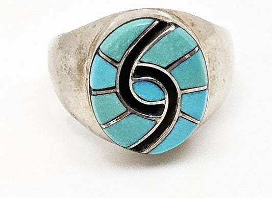 Superbe bague Zuni Amy Quandelacy avec incrustation de turquoise et d'onyx en forme de colibri, vers 1980