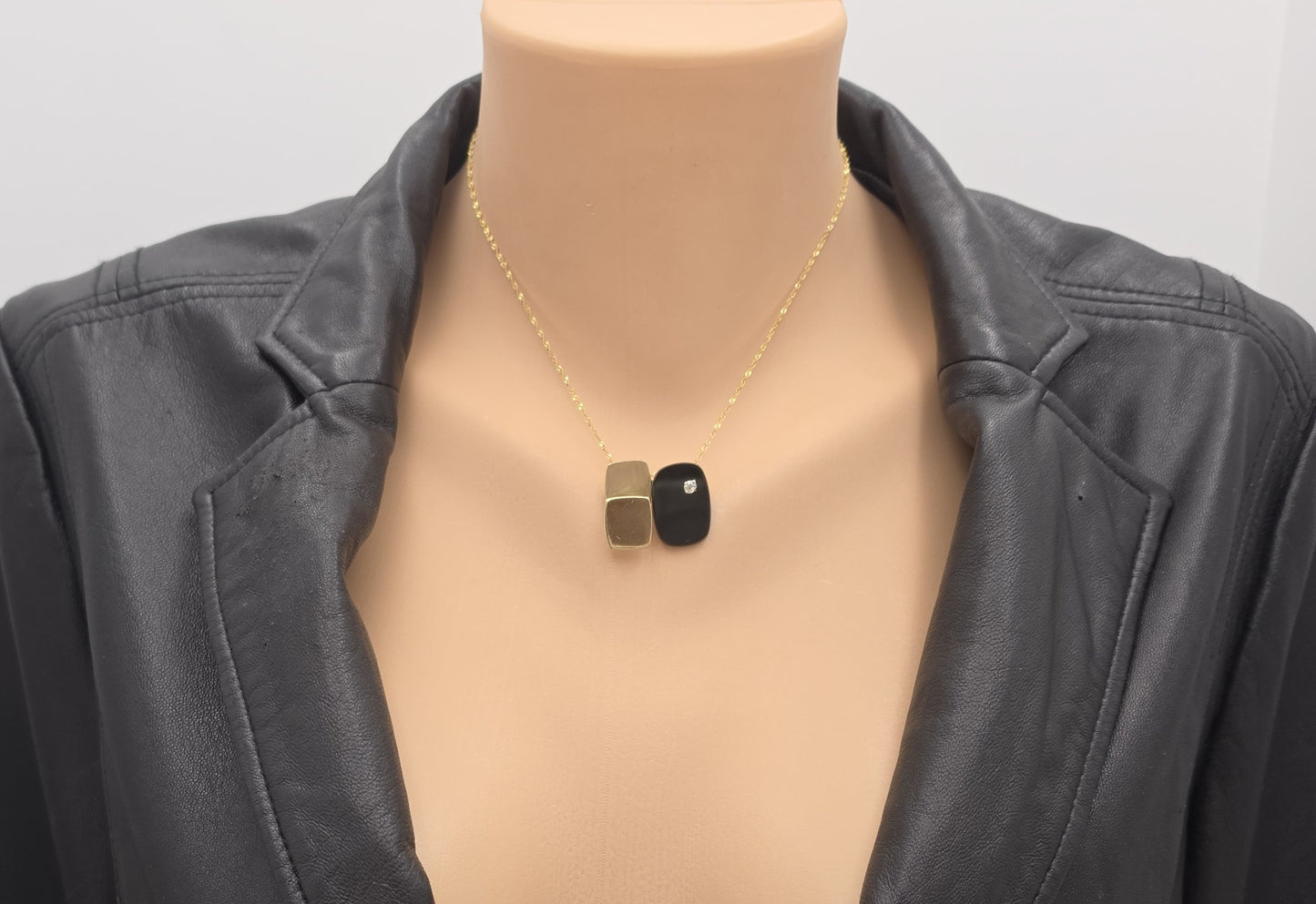 MCM Artisan 3D Modernist 14K Gold Diamond Black Lucite Brooch Necklace
